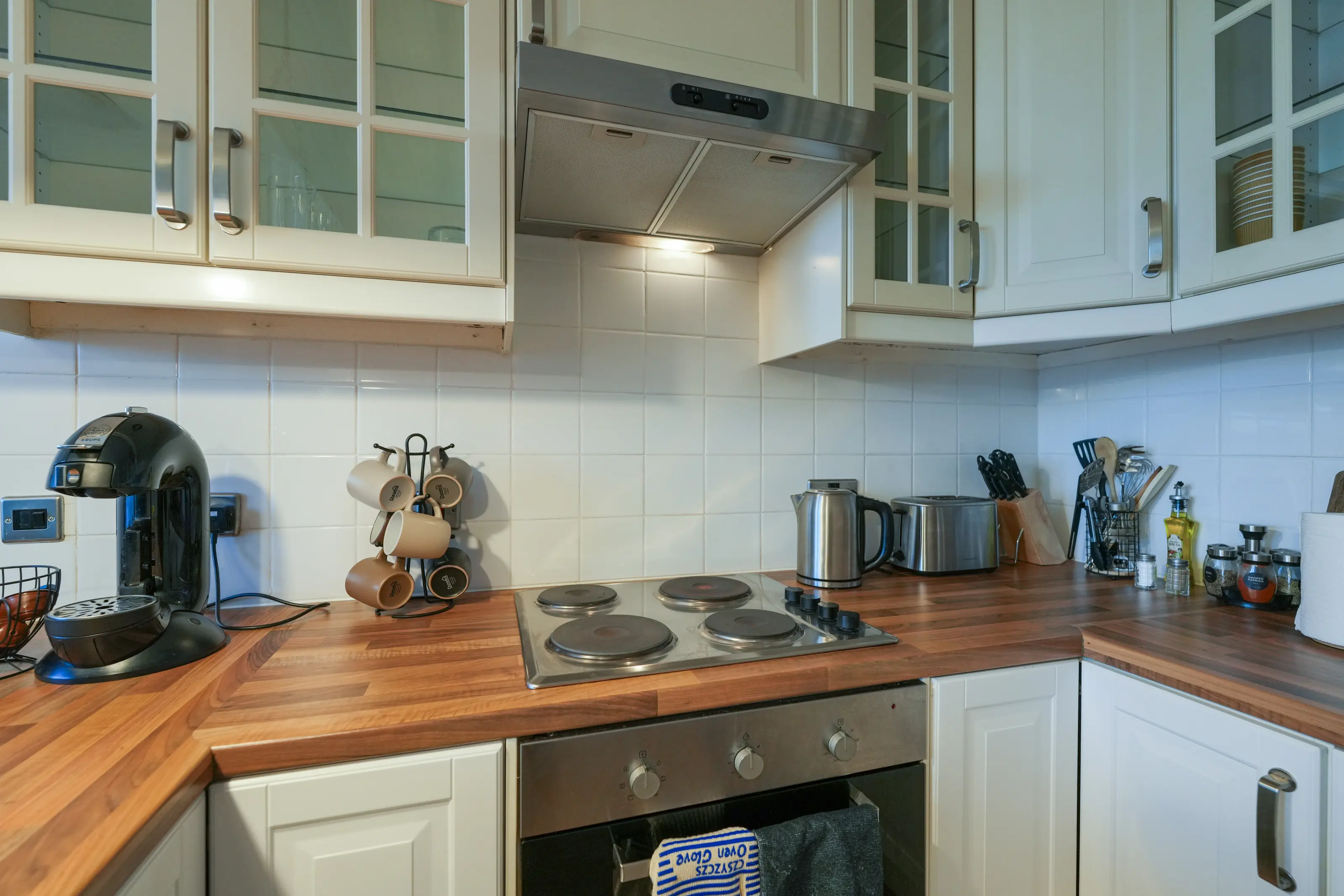 Well-stocked tea and coffee station in kitchen
